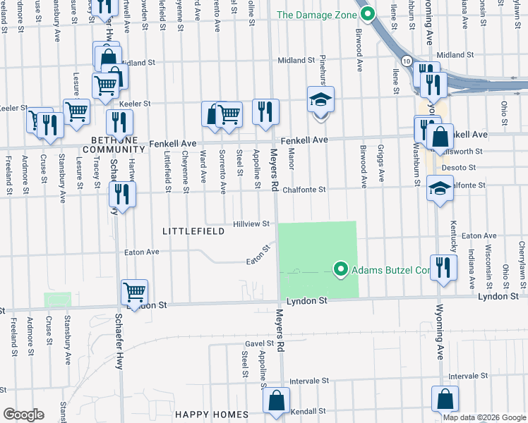 map of restaurants, bars, coffee shops, grocery stores, and more near 14891 Appoline Street in Detroit