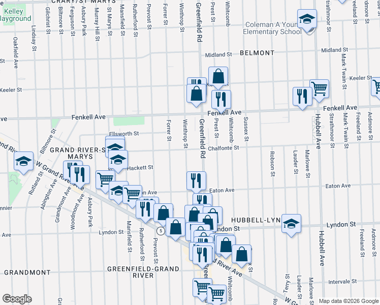 map of restaurants, bars, coffee shops, grocery stores, and more near 15505 Chalfonte Street in Detroit