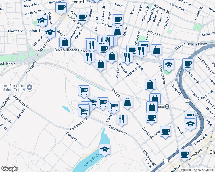 map of restaurants, bars, coffee shops, grocery stores, and more near 342 2nd Street in Everett
