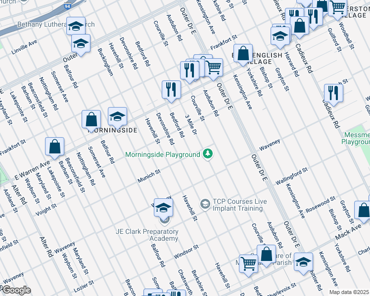 map of restaurants, bars, coffee shops, grocery stores, and more near 4635 Bedford Road in Detroit