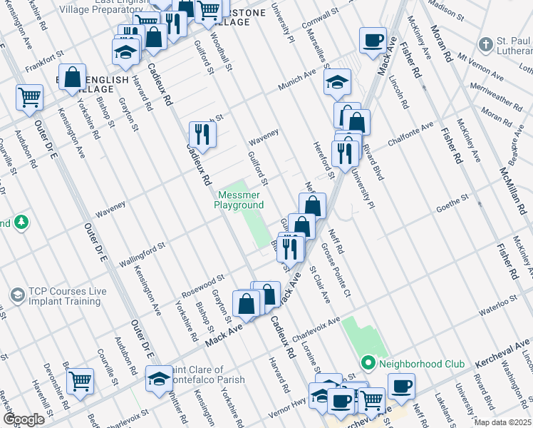 map of restaurants, bars, coffee shops, grocery stores, and more near 3922 Bluehill Street in Detroit