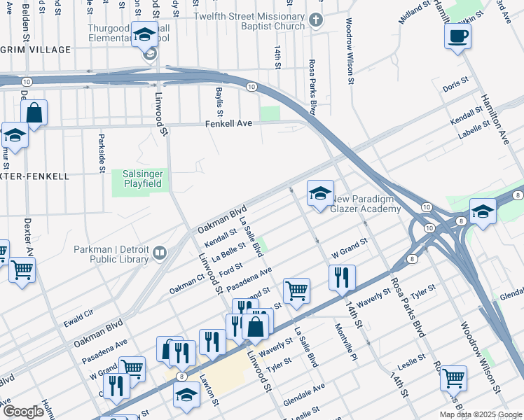 map of restaurants, bars, coffee shops, grocery stores, and more near 2310 Kendall Street in Detroit
