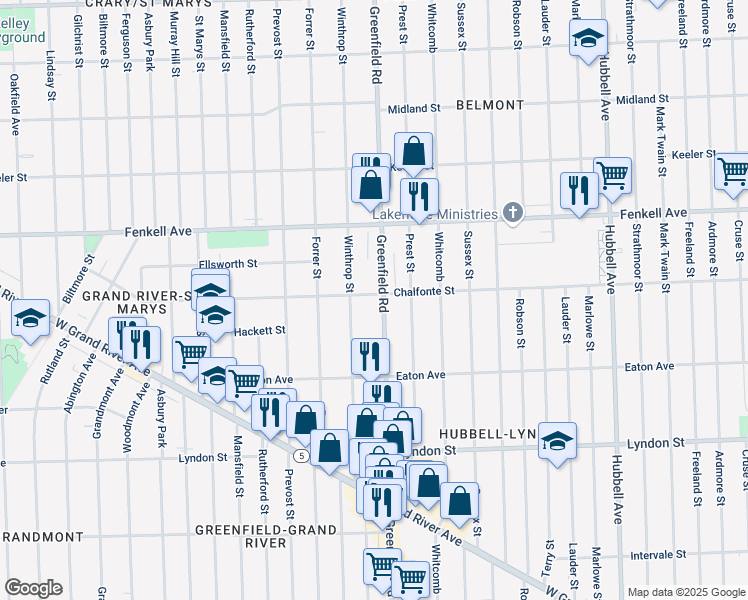 map of restaurants, bars, coffee shops, grocery stores, and more near 15505 Chalfonte Street in Detroit