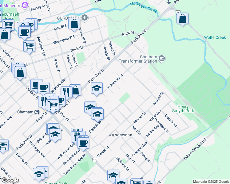 map of restaurants, bars, coffee shops, grocery stores, and more near 59 Beechwood Crescent in Chatham