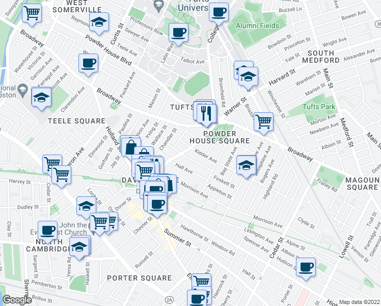 map of restaurants, bars, coffee shops, grocery stores, and more near 95 College Avenue in Somerville