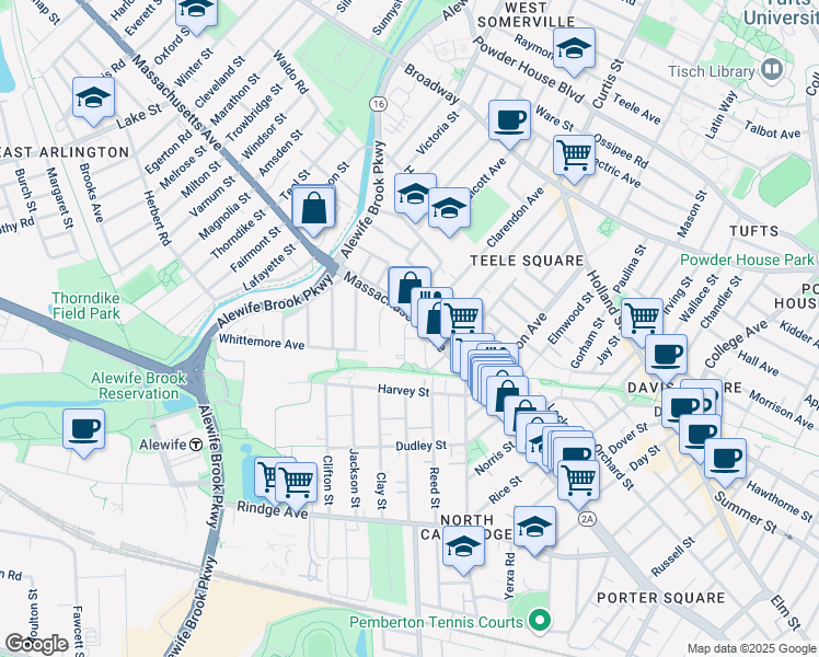 map of restaurants, bars, coffee shops, grocery stores, and more near 12 Cottage Park Avenue in Cambridge