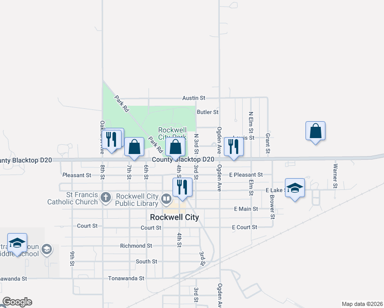 map of restaurants, bars, coffee shops, grocery stores, and more near 306 East High Street in Rockwell City