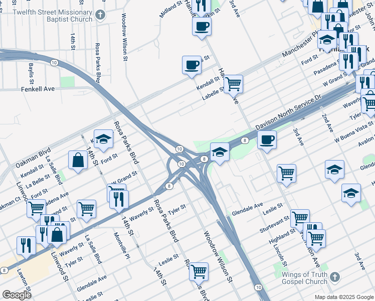 map of restaurants, bars, coffee shops, grocery stores, and more near 2037 West Grand Street in Detroit