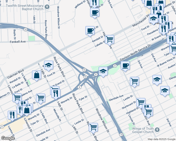 map of restaurants, bars, coffee shops, grocery stores, and more near 2945 West Grand Street in Detroit