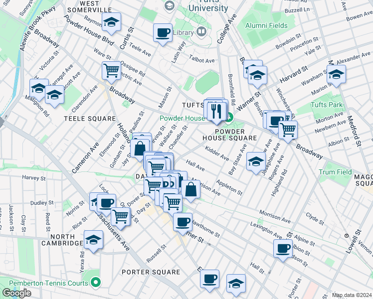 map of restaurants, bars, coffee shops, grocery stores, and more near 80 College Avenue in Somerville