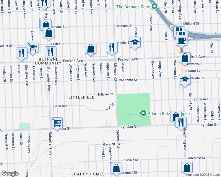 map of restaurants, bars, coffee shops, grocery stores, and more near 14898 Appoline Street in Detroit