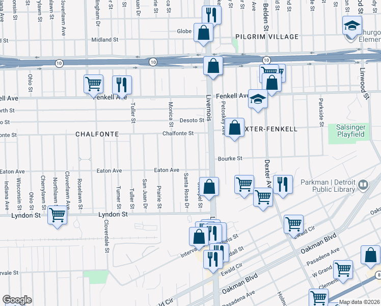 map of restaurants, bars, coffee shops, grocery stores, and more near 14856 Santa Rosa Drive in Detroit