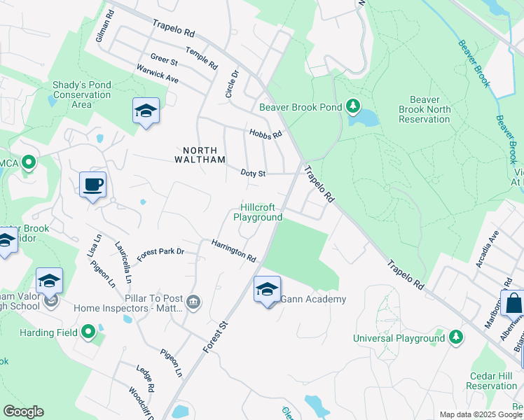 map of restaurants, bars, coffee shops, grocery stores, and more near 25 Hillcroft Road in Waltham