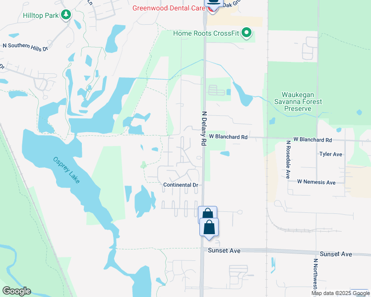 map of restaurants, bars, coffee shops, grocery stores, and more near 4200 Hickory Hills Drive in Waukegan