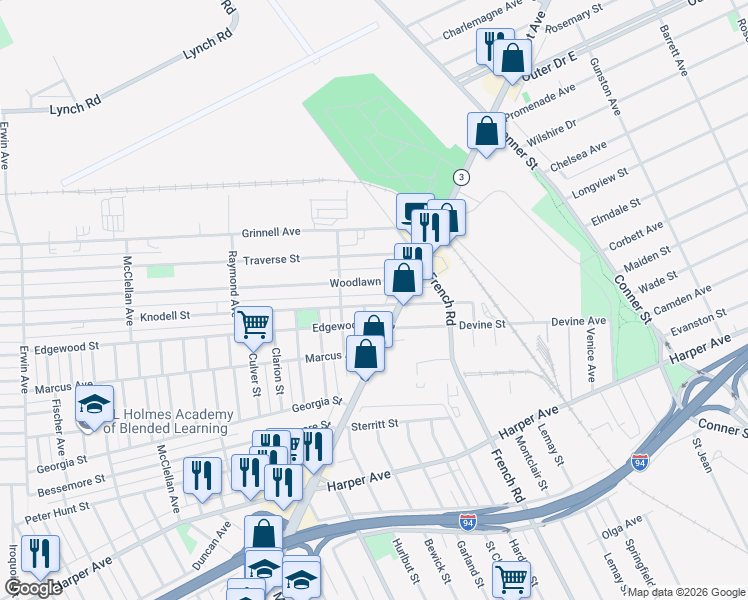 map of restaurants, bars, coffee shops, grocery stores, and more near 10215 Knodell Street in Detroit