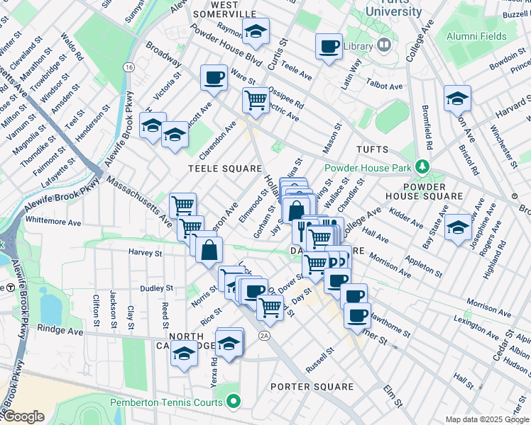 map of restaurants, bars, coffee shops, grocery stores, and more near 20 Gorham Street in Somerville