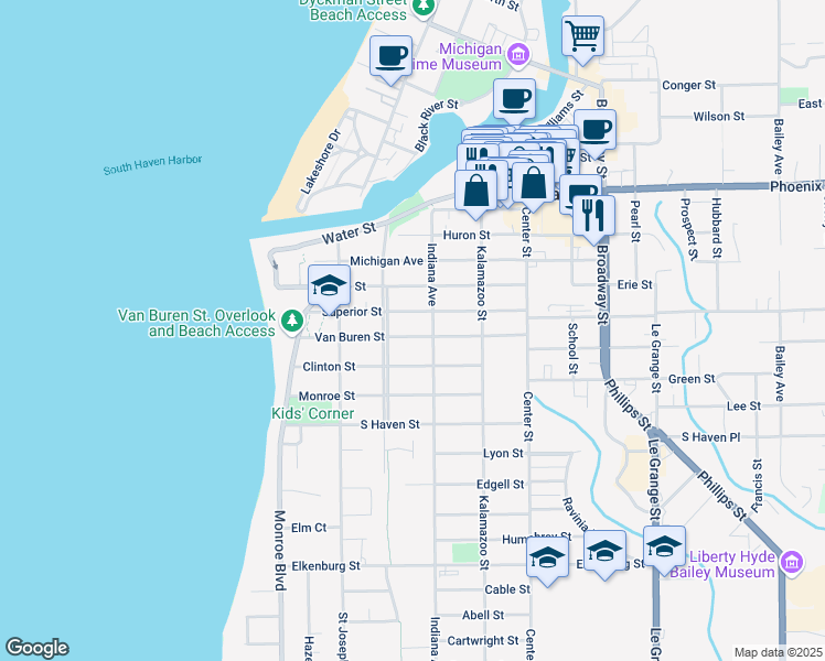 map of restaurants, bars, coffee shops, grocery stores, and more near 217 Van Buren Street in South Haven