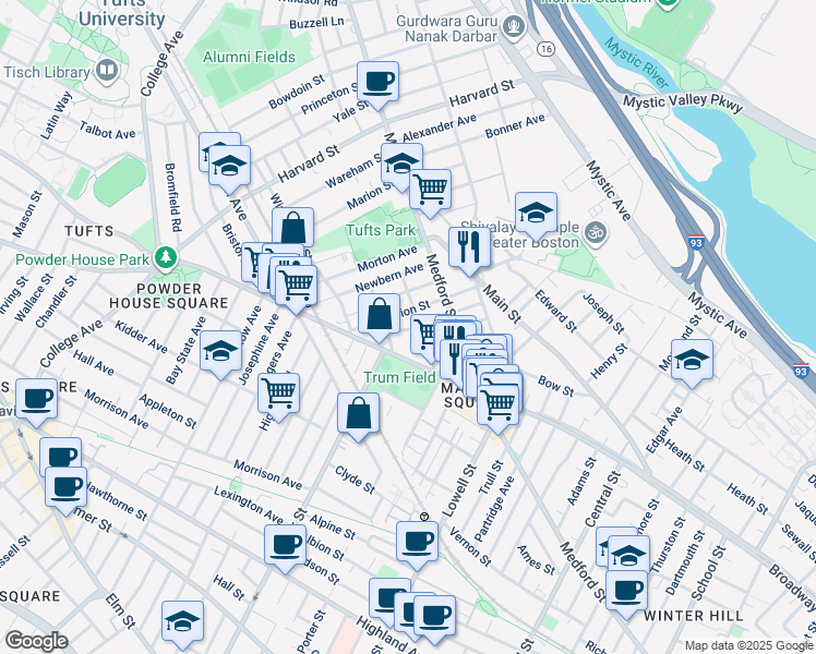 map of restaurants, bars, coffee shops, grocery stores, and more near 16 Alfred Terrace in Medford