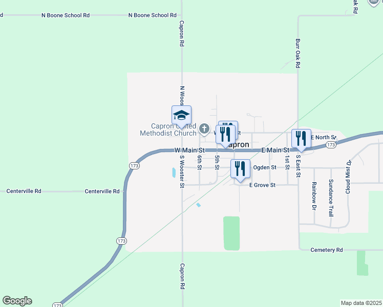 map of restaurants, bars, coffee shops, grocery stores, and more near 320 West Main Street in Capron