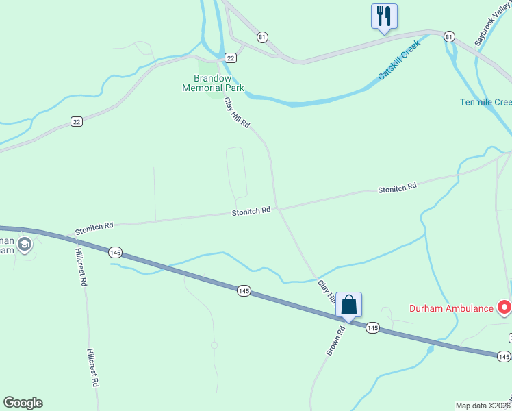 map of restaurants, bars, coffee shops, grocery stores, and more near 334 Stonitch Road in East Durham