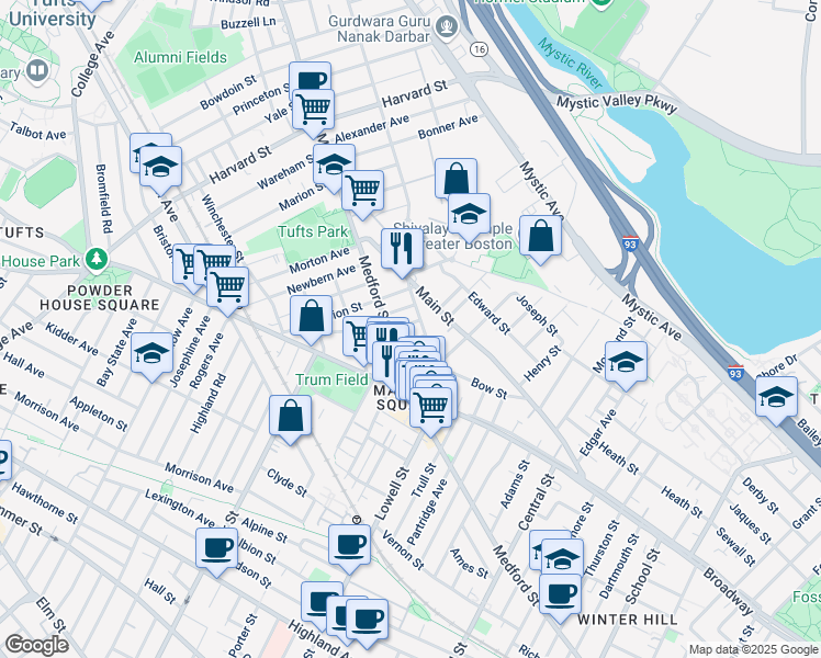 map of restaurants, bars, coffee shops, grocery stores, and more near 12 Hale Avenue in Medford
