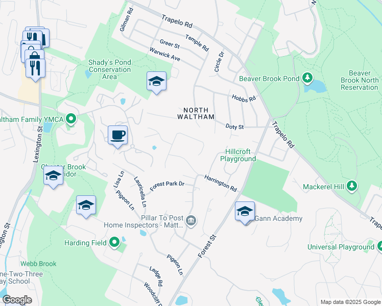 map of restaurants, bars, coffee shops, grocery stores, and more near 123 Raffaele Drive in Waltham
