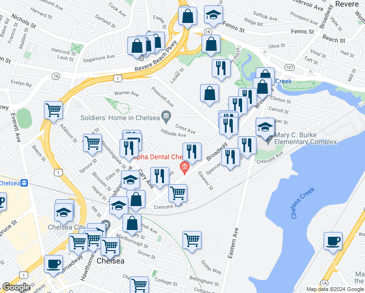 map of restaurants, bars, coffee shops, grocery stores, and more near 59 Eleanor Street in Chelsea