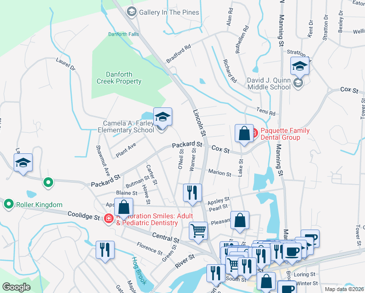 map of restaurants, bars, coffee shops, grocery stores, and more near 77 O'Neil Street in Hudson