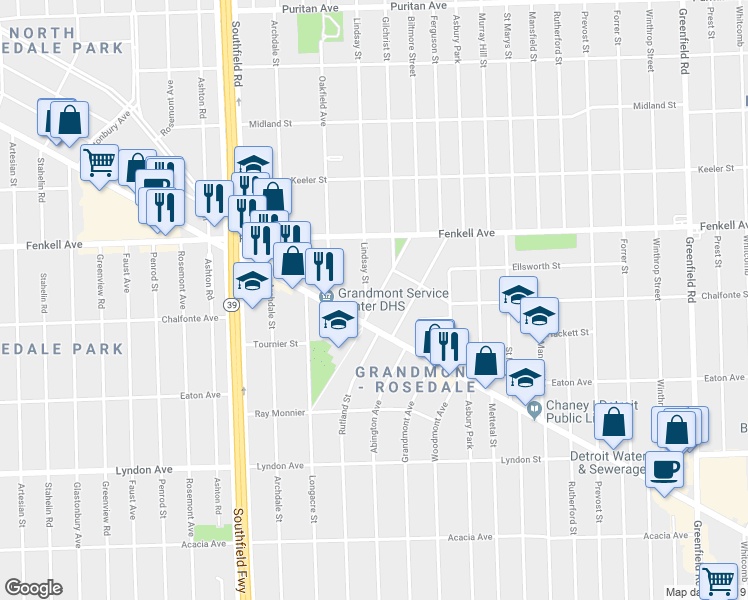 map of restaurants, bars, coffee shops, grocery stores, and more near 14840 Lindsay Street in Detroit