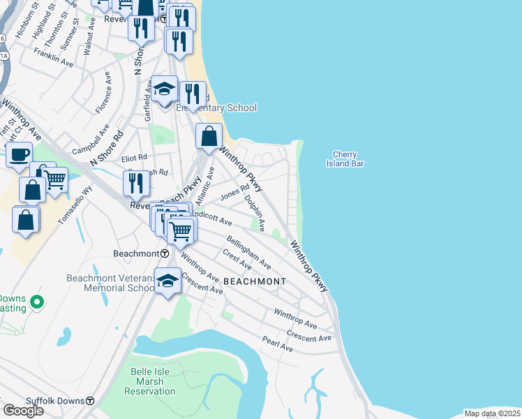 map of restaurants, bars, coffee shops, grocery stores, and more near 145 Winthrop Parkway in Revere