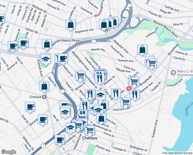 map of restaurants, bars, coffee shops, grocery stores, and more near 183 Washington Avenue in Chelsea