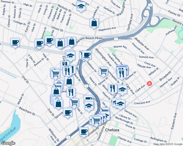 map of restaurants, bars, coffee shops, grocery stores, and more near 137 Heard Street in Chelsea