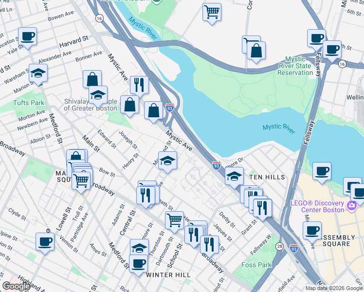 map of restaurants, bars, coffee shops, grocery stores, and more near in Somerville
