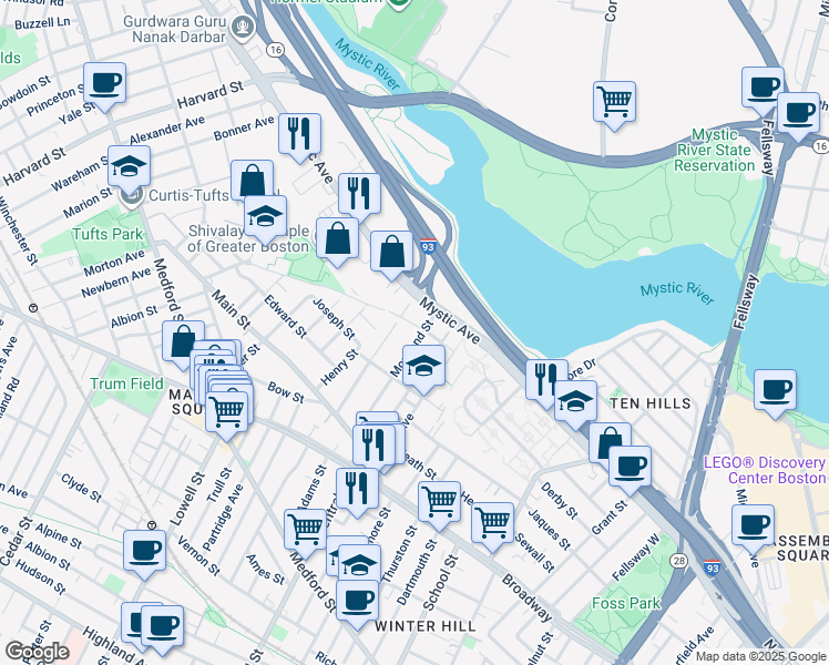map of restaurants, bars, coffee shops, grocery stores, and more near 42 Ash Avenue in Somerville