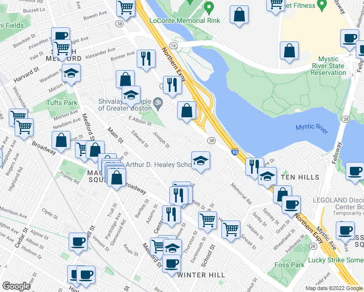 map of restaurants, bars, coffee shops, grocery stores, and more near 77 Fremont Street in Somerville