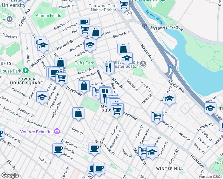 map of restaurants, bars, coffee shops, grocery stores, and more near 12 Hale Avenue in Medford