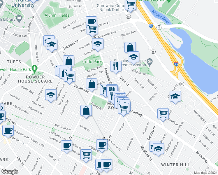 map of restaurants, bars, coffee shops, grocery stores, and more near 13 Winter Hill Road in Medford