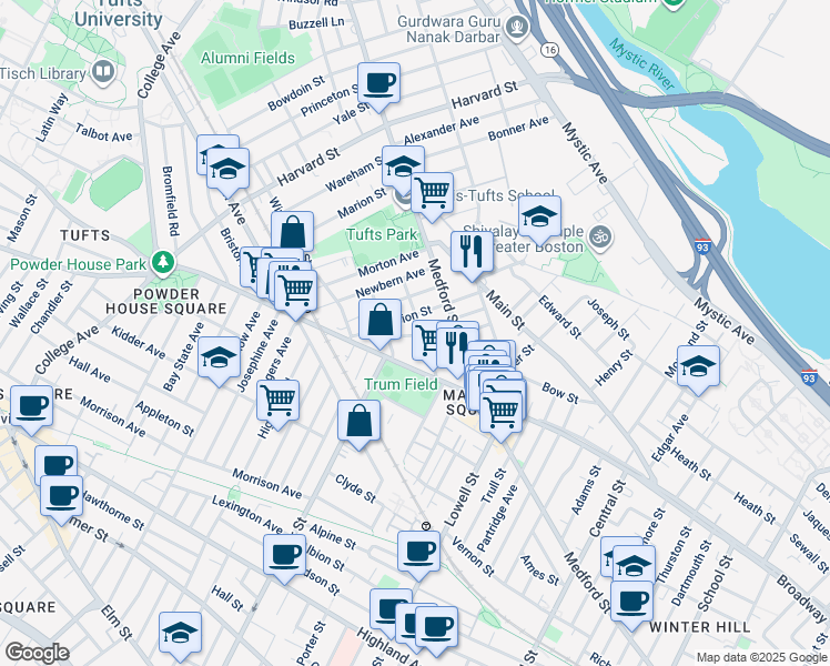 map of restaurants, bars, coffee shops, grocery stores, and more near 5 Alfred Terrace in Medford