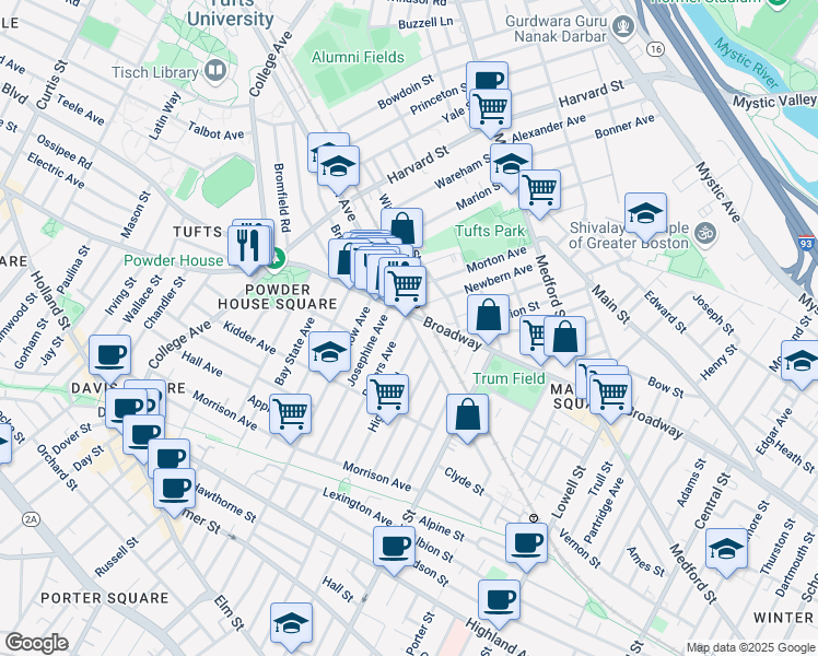 map of restaurants, bars, coffee shops, grocery stores, and more near 114 Rogers Avenue in Somerville