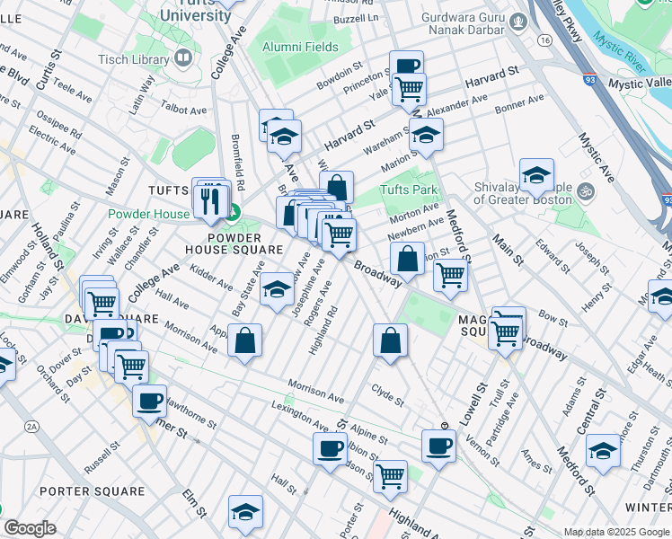 map of restaurants, bars, coffee shops, grocery stores, and more near 114 Rogers Avenue in Somerville