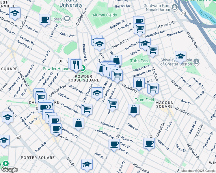 map of restaurants, bars, coffee shops, grocery stores, and more near 251 Willow Avenue in Somerville