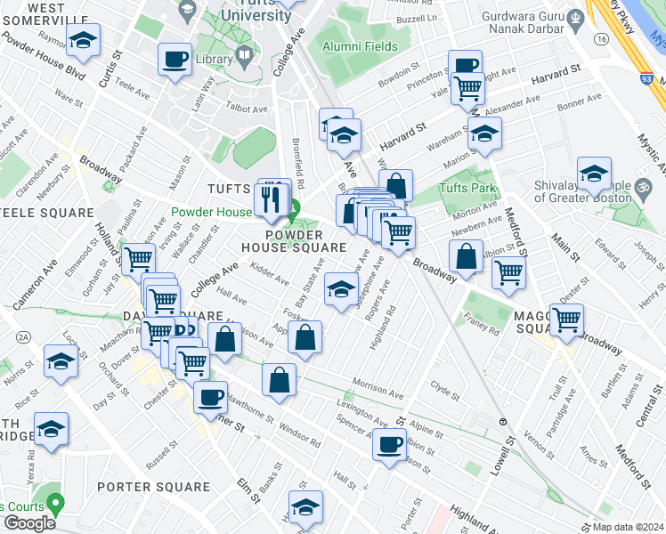map of restaurants, bars, coffee shops, grocery stores, and more near 46 Bay State Avenue in Somerville