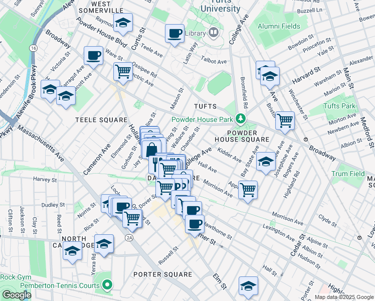 map of restaurants, bars, coffee shops, grocery stores, and more near 9 Chapel Street in Somerville