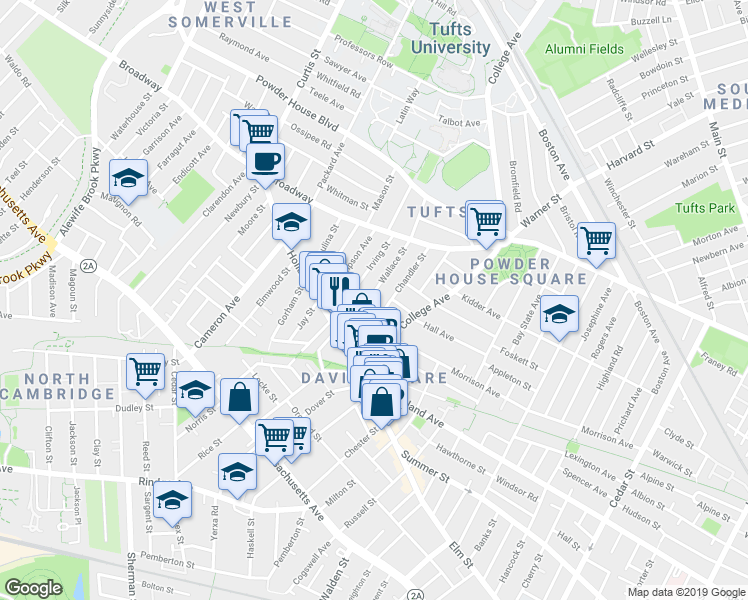 map of restaurants, bars, coffee shops, grocery stores, and more near 37 Wallace Street in Somerville