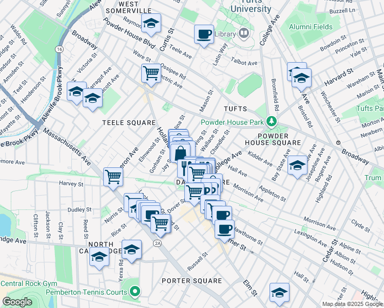 map of restaurants, bars, coffee shops, grocery stores, and more near 37 Wallace Street in Somerville