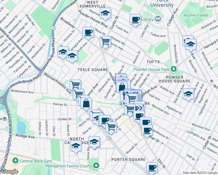 map of restaurants, bars, coffee shops, grocery stores, and more near 20 Gorham Street in Somerville
