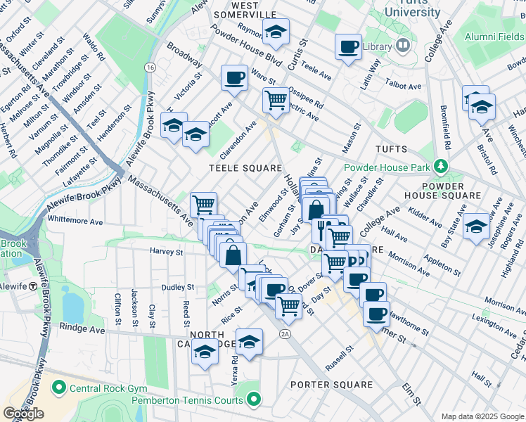map of restaurants, bars, coffee shops, grocery stores, and more near 4A Elmwood Terrace in Somerville