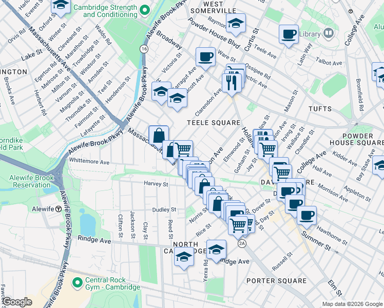 map of restaurants, bars, coffee shops, grocery stores, and more near 29 Camp Street in Cambridge