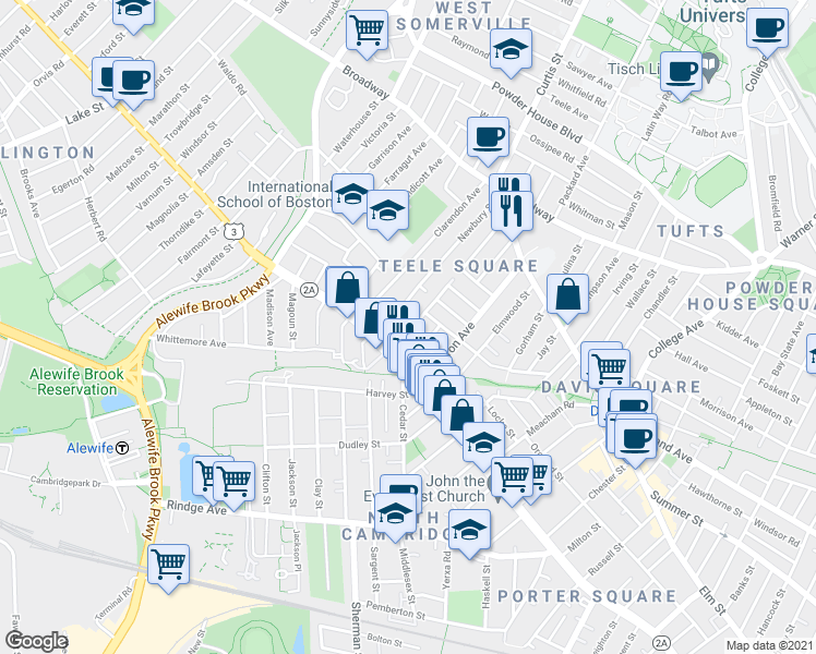 map of restaurants, bars, coffee shops, grocery stores, and more near 29 Camp Street in Cambridge