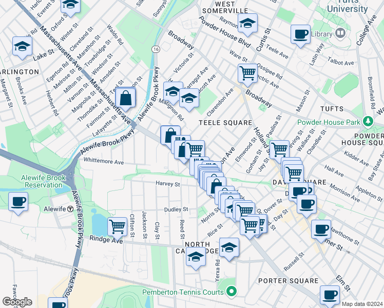map of restaurants, bars, coffee shops, grocery stores, and more near 2473 Massachusetts Avenue in Cambridge